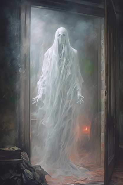 A painting of a ghost with long white hair and a black nose stands in a doorway