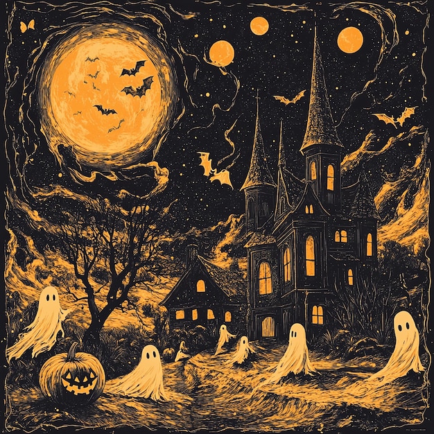 a painting of ghosts in front of a church with a pumpkin on it