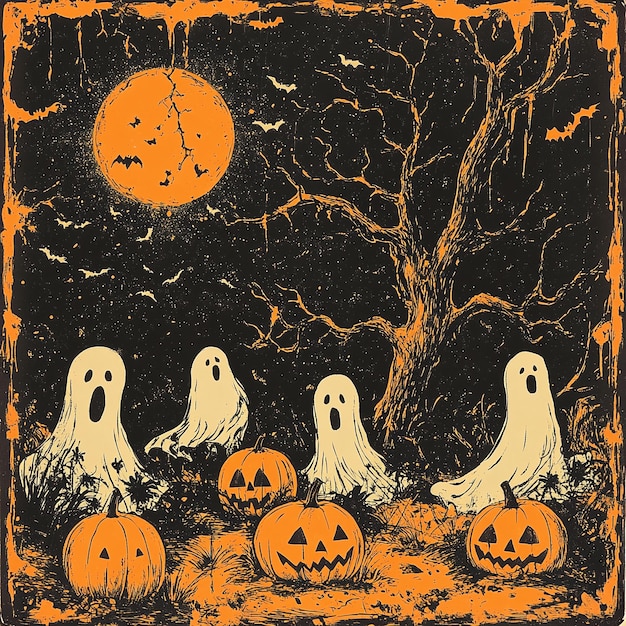 Photo a painting of ghosts and pumpkins with a moon in the background