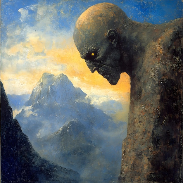 Photo a painting of a giant alien looking at the mountains