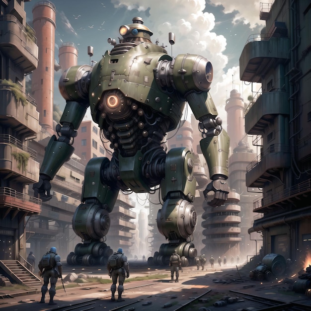 A painting of a giant robot in an industrial area