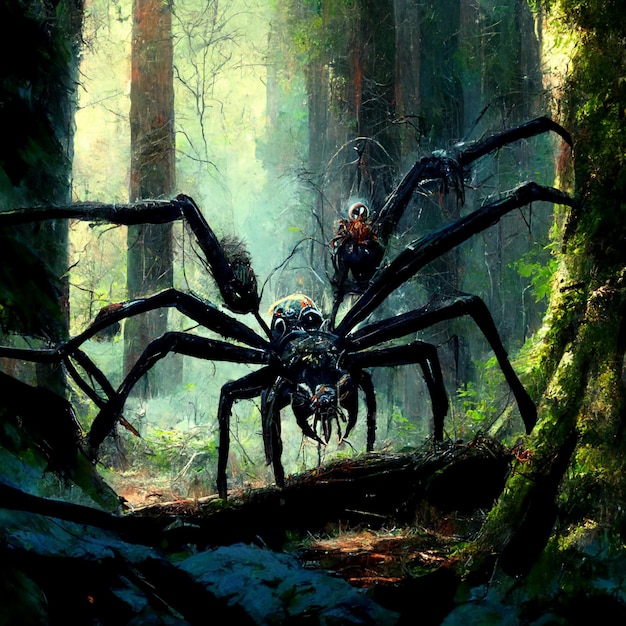 A painting of a giant spider with a woman on it