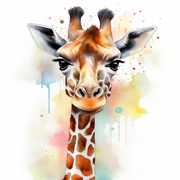 A painting of a giraffe with a blue and red background.