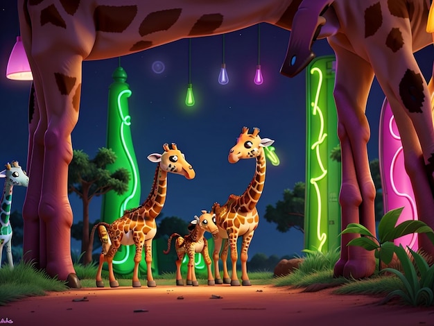 Photo a painting of giraffes and a giraffe in a jungle with a green light