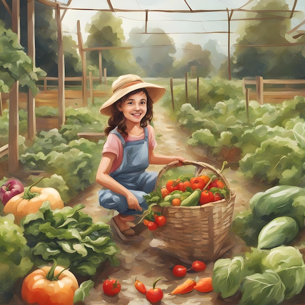 a painting of a girl in a basket with a basket of vegetables