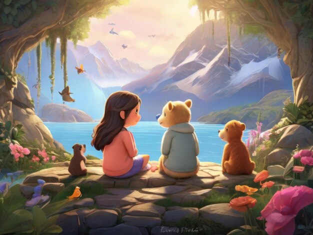 a painting of a girl and a bear sitting on a rock with the ocean in the background