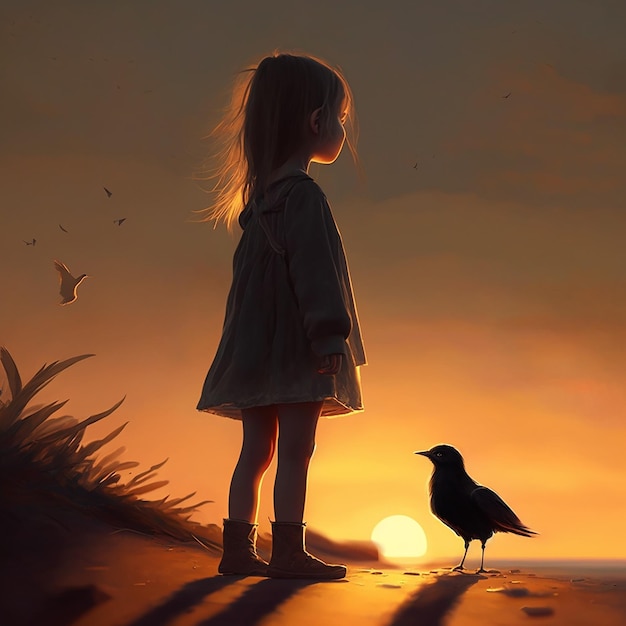 A painting of a girl and a bird on the beach