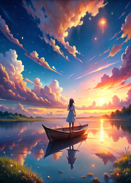 a painting of a girl in a boat with a boat and the sun behind her