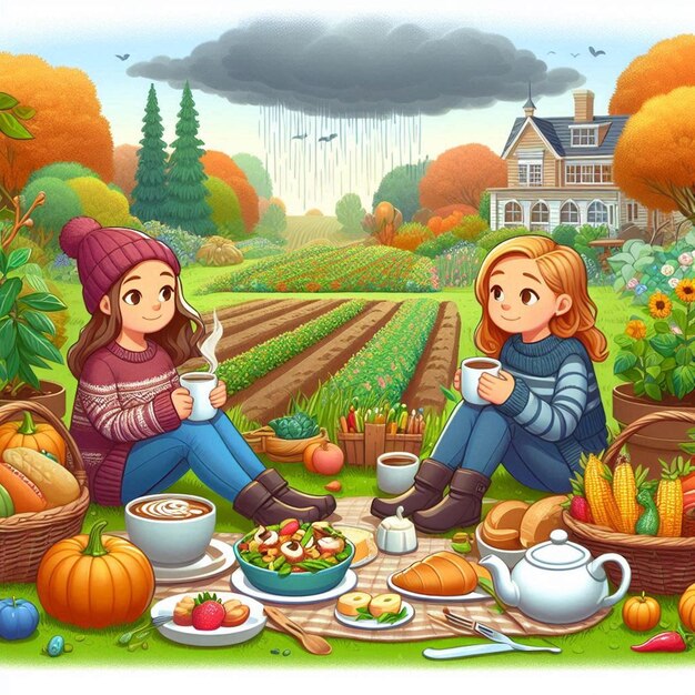 a painting of a girl and a boy in a garden with a basket of vegetables and a house in the background