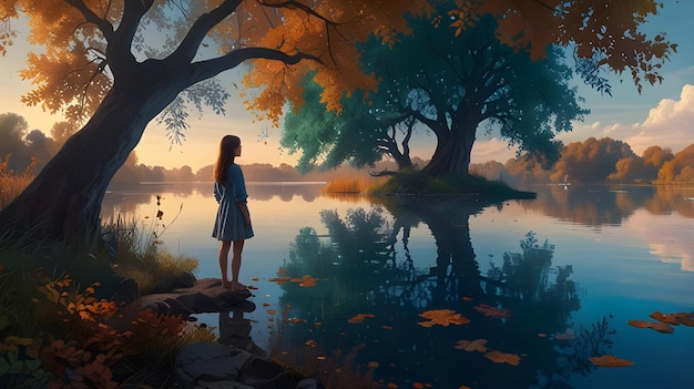 a painting of a girl by the lake with the reflection of a tree in the water