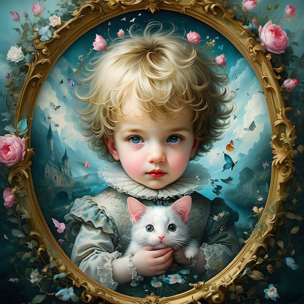 a painting of a girl and a cat with butterflies in the background