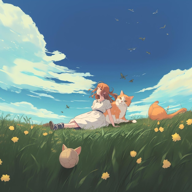 a painting of a girl and her cats in a field of grass with the words  the word  on it