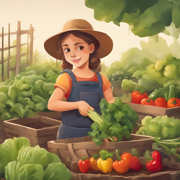 a painting of a girl holding a basket of vegetables