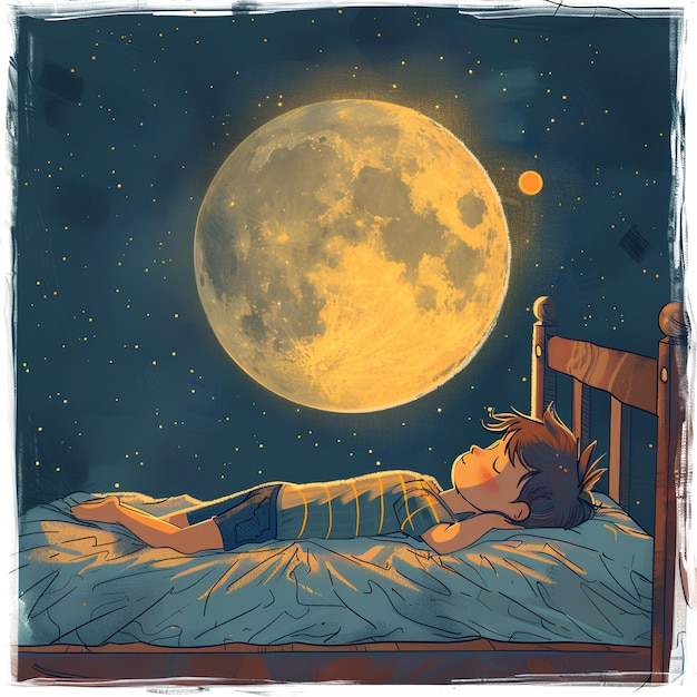 a painting of a girl laying in bed with the moon in the background