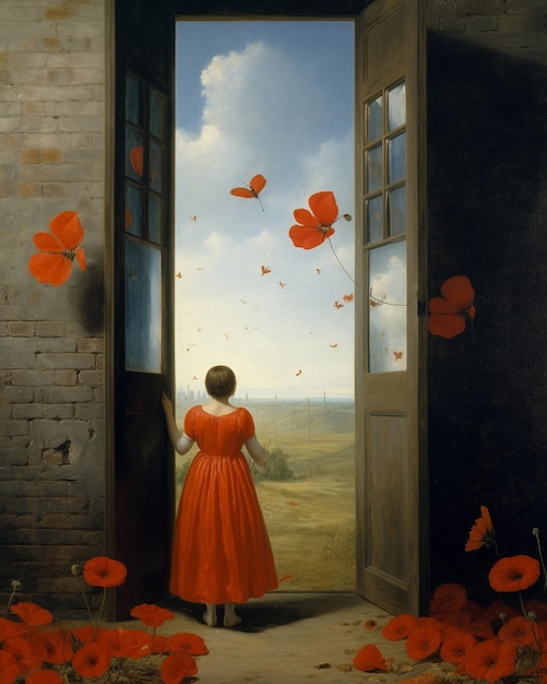 a painting of a girl looking out of a window with butterflies flying in the sky.