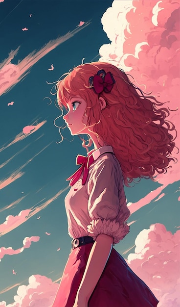 Painting girl looking sky pink cloud background image Ai generated art