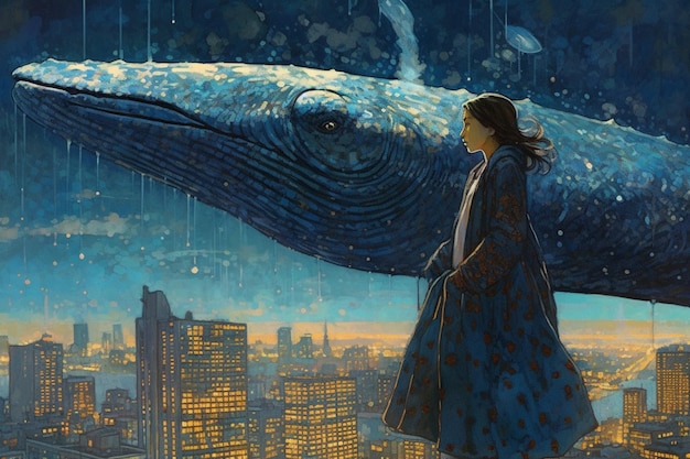 A painting of a girl looking at a whale