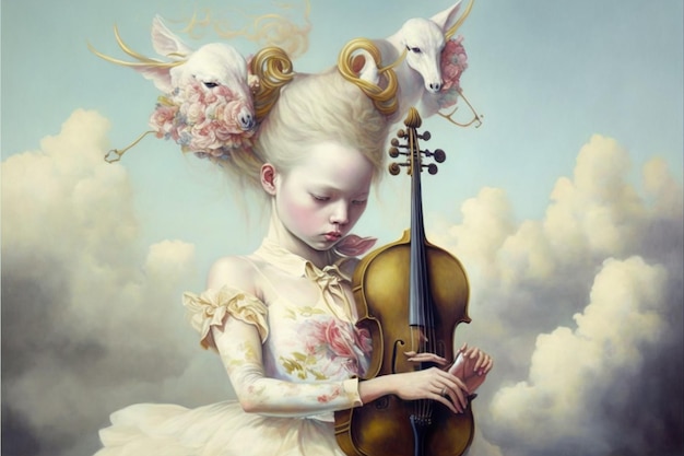 A painting of a girl playing a violin with two sheep on it.