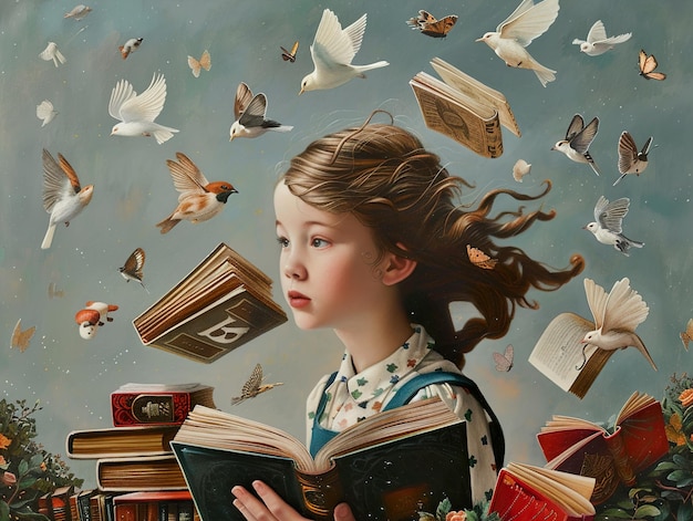 a painting of a girl reading a book with the words  the word  on it