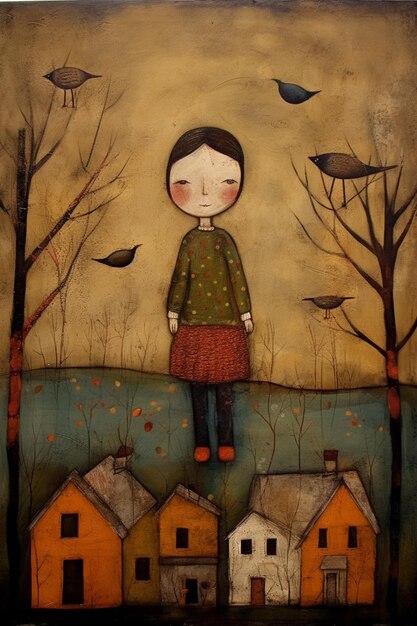 A painting of a girl standing in front of a row of houses with the words " the girl " on the bottom.