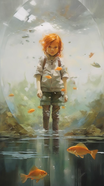 A painting of a girl standing in a puddle with leaves on it.