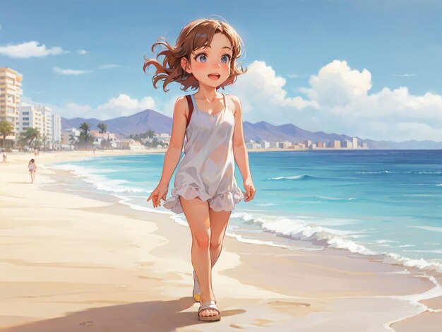 Photo a painting of a girl walking on a beach with the ocean in the background