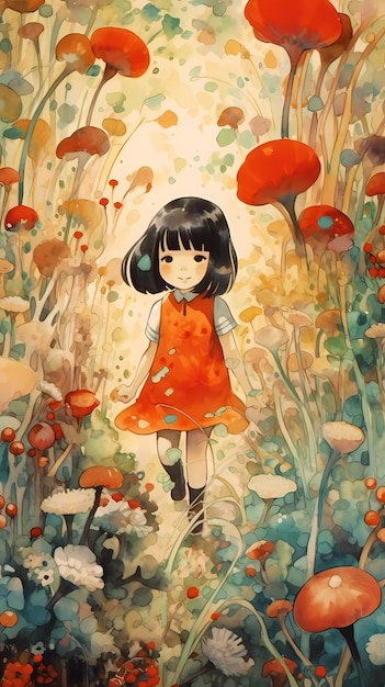 A painting of a girl walking through a field of mushrooms.