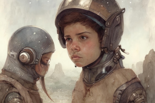 A painting of a girl wearing a helmet and a star wars helmet