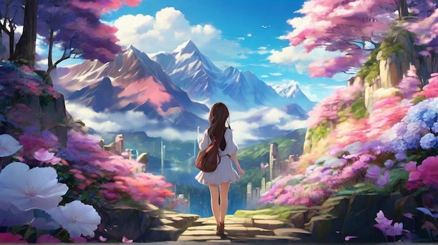 a painting of a girl with a backpack and a mountain in the background