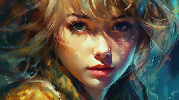 A painting of a girl with blonde hair and a yellow scarf