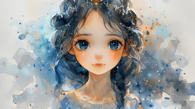 a painting of a girl with blue eyes and long hair