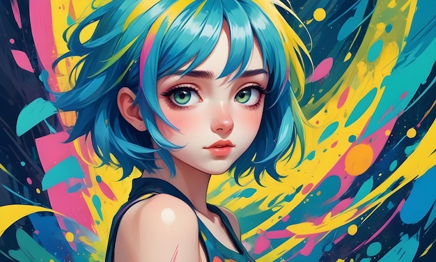 a painting of a girl with blue hair and a blue hair