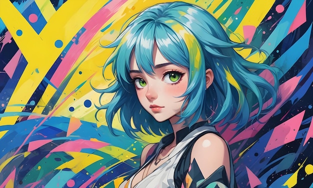 a painting of a girl with blue hair and green eyes