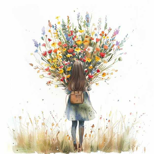 Photo a painting of a girl with a bunch of flowers in her hand