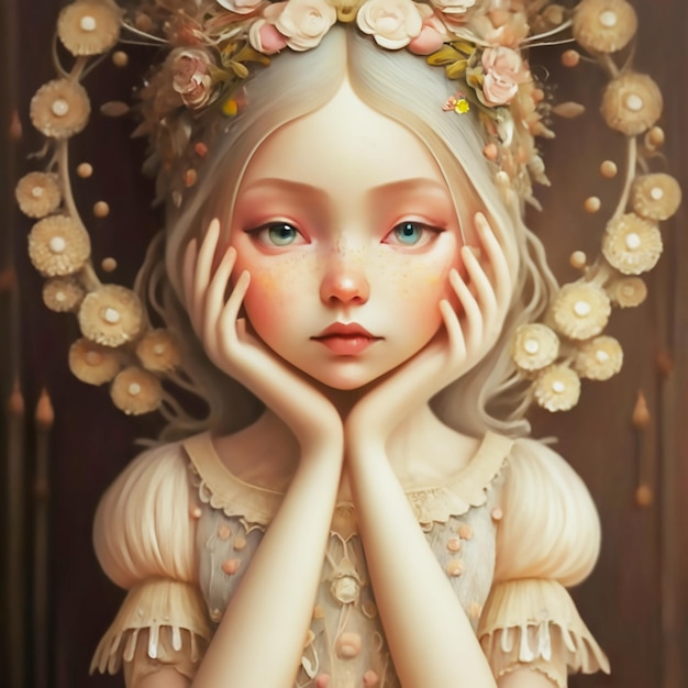 a painting of a girl with a flower crown on her head