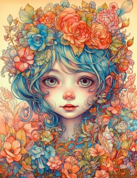 A painting of a girl with a flower crown on her head.