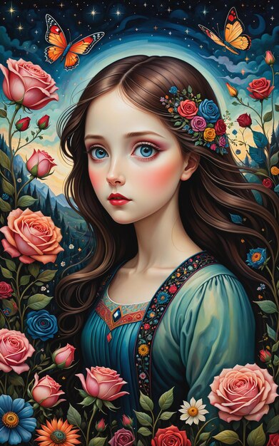 a painting of a girl with a flower in her hair