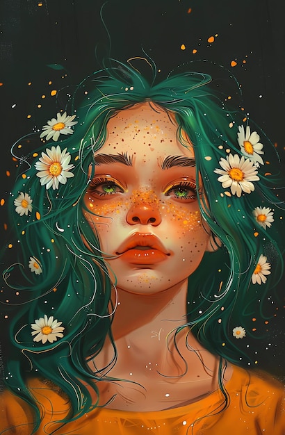 a painting of a girl with flowers on her face