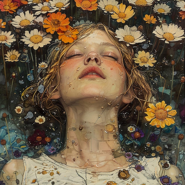 a painting of a girl with flowers in her hair