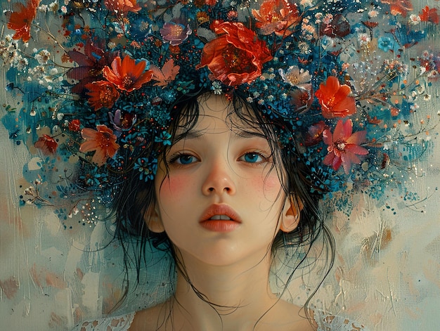 a painting of a girl with flowers on her head