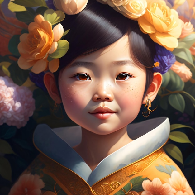 A painting of a girl with flowers on her head