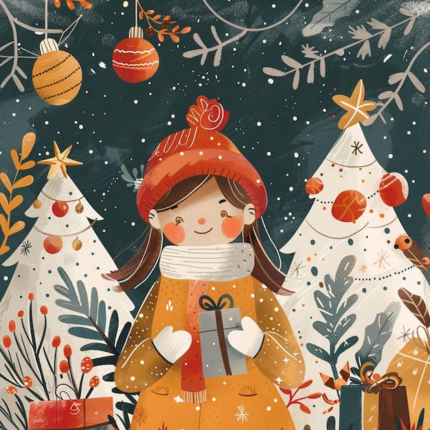 a painting of a girl with a hat that says a christmas