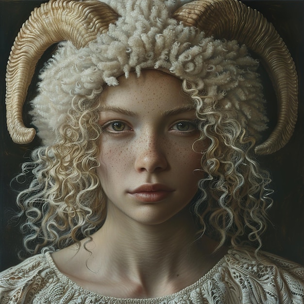 Photo a painting of a girl with horns and a sheep head