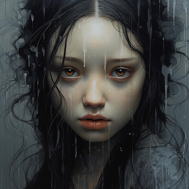 a painting of a girl with long black hair and a white face with black hair