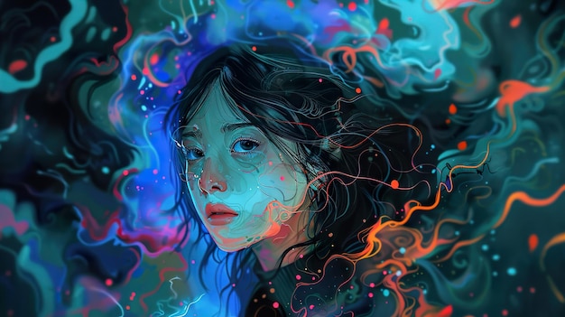 Photo a painting of a girl with long hair and a blue and red and green colored streaks