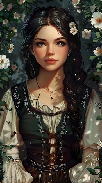 a painting of a girl with long hair and a flowered shirt