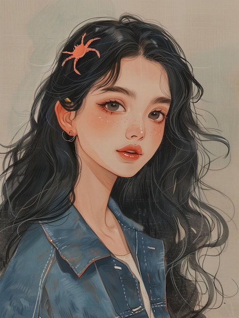 a painting of a girl with long hair and a starfish in her hair