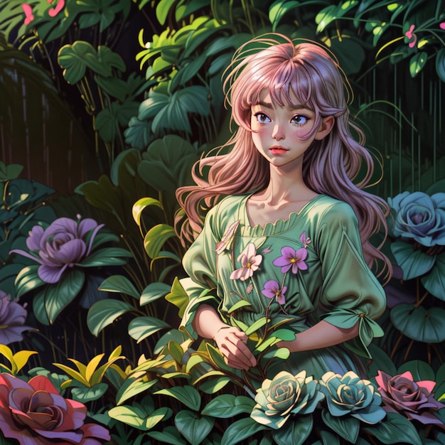 Photo a painting of a girl with pink hair and a green dress with flowers in the middle