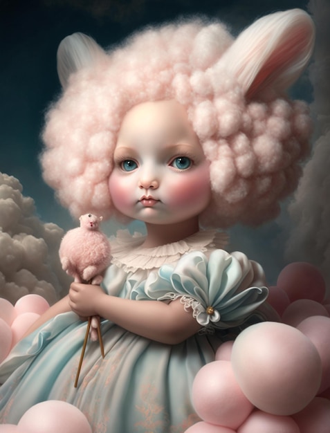 A painting of a girl with pink hair and a sheep on her head