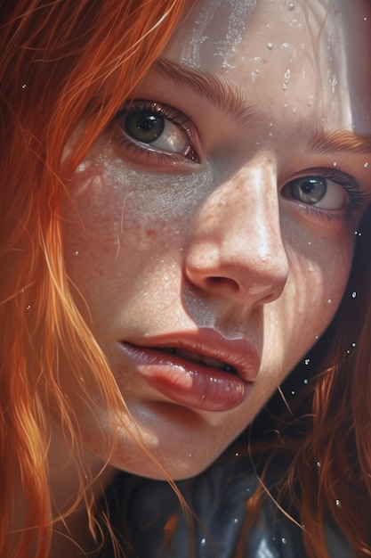 A painting of a girl with red hair and a tear